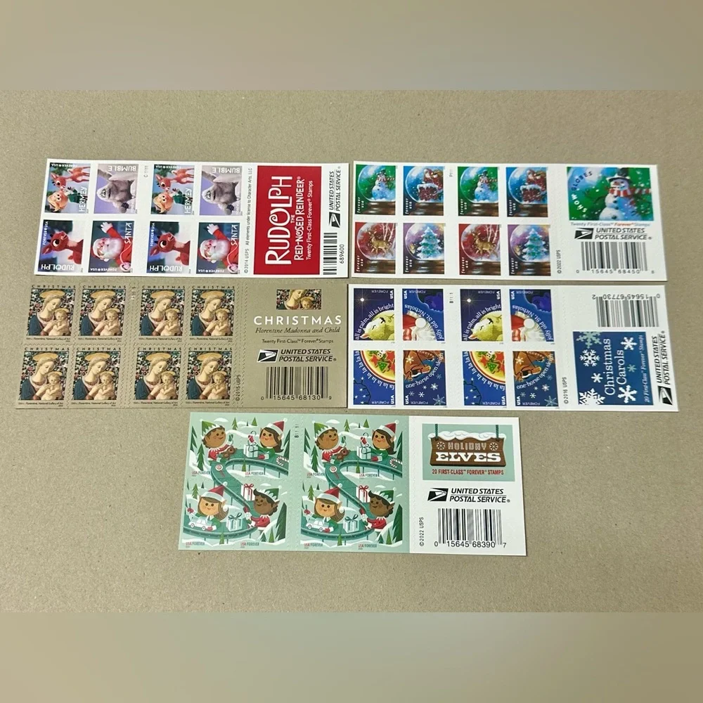 Lot of 100 USPS First Class Forever Stamps - 5 booklet sheets of 20 - Christmas
